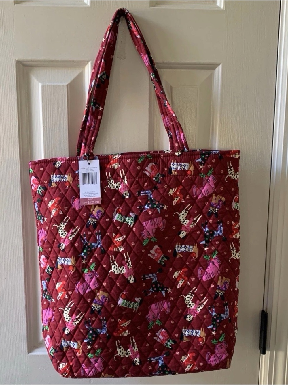 Vera Bradley Large North South Tote Holiday Hounds Cotton Red Festive NWT